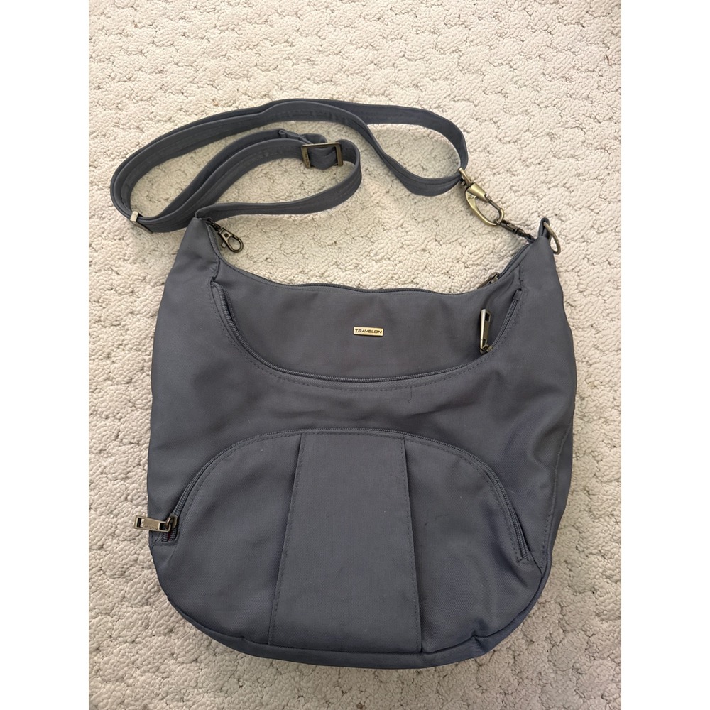 Travelon Anti-Theft Gray Nylon Hobo Crossbody Bag RFID Blocking Orange Lining